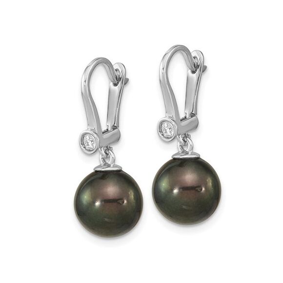 14K White Gold Black Saltwater Tahitian Dangle Pearl Earrings (9-10mm) - Picture 2 of 4
